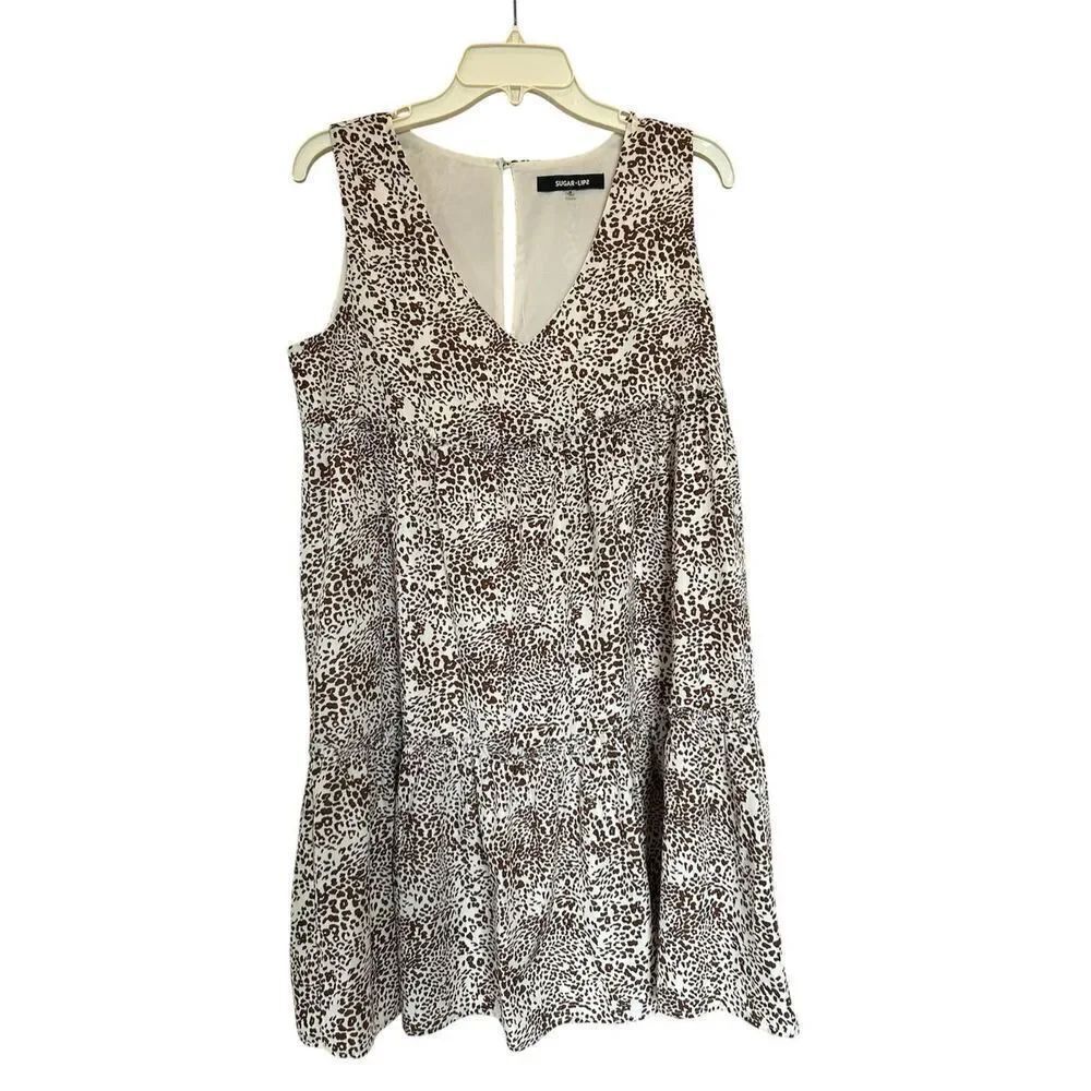 Sugar Lips Sleeveless Tiered Dress Brown Boho Preppy Animal Print V-Neck M